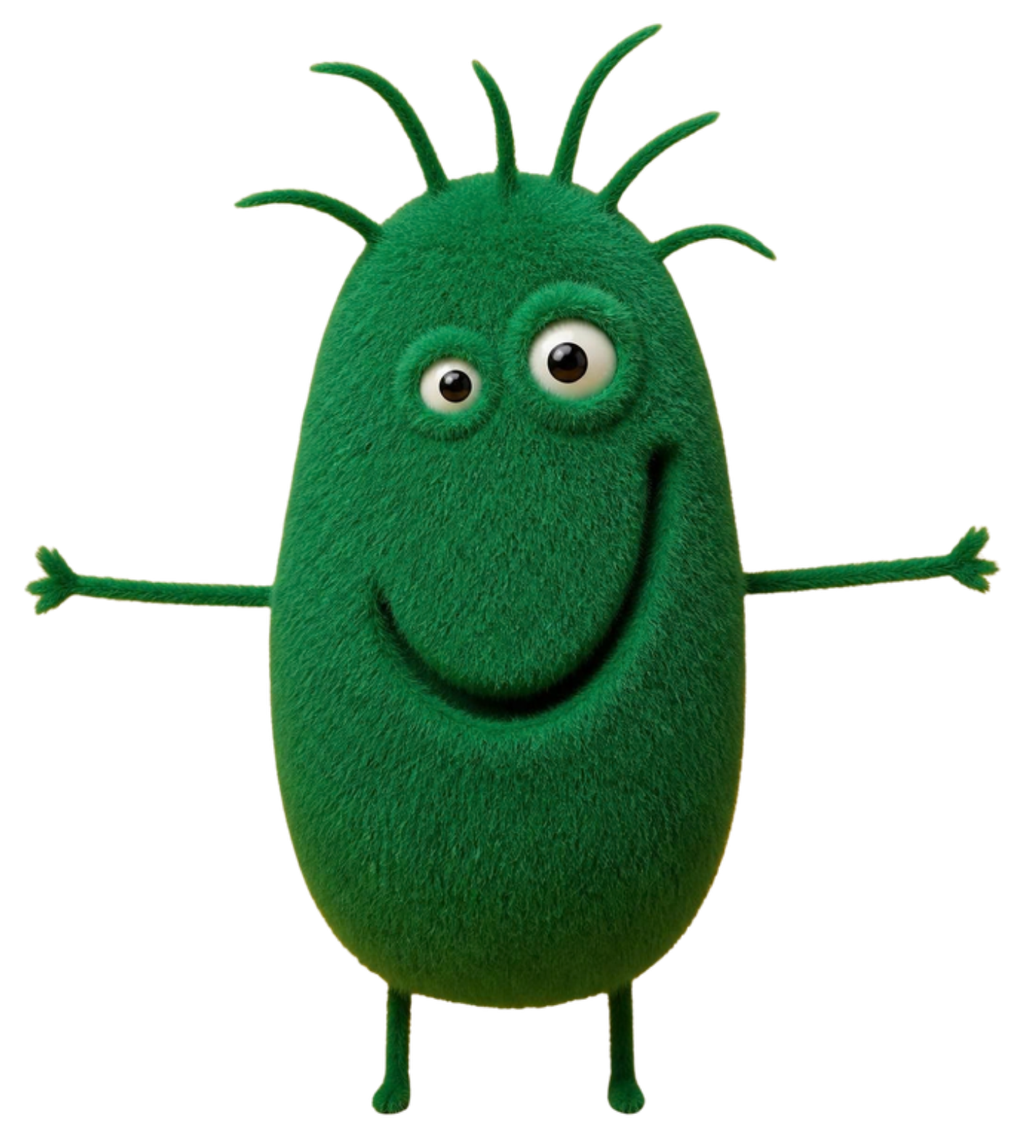 Green felt character with spiky tufts, stick arms and a big smile